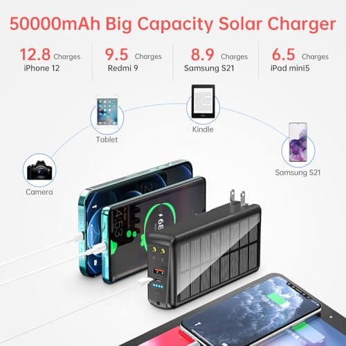 boogostore Portable Charger with Built in Cable and Wall Plug 50000mAh PD30W Fast Charging Solar Power Bank with 5 Output & 2 Input Dual LED Flashlights Phone Holder External Battery Pack (Black) 5
