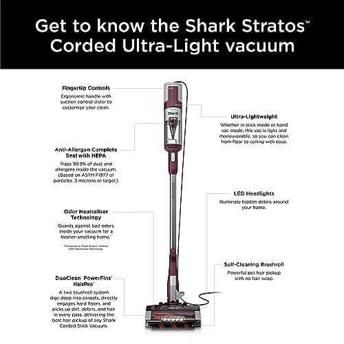 Shark HZ3000 Stratos Ultralight Corded Stick Vacuum with DuoClean PowerFins HairPro, Self-Cleaning Brushroll, & Odor Neutralizer Technology, Red Plum (Renewed) 9