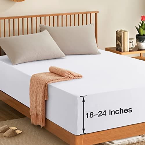 Manyshofu Queen Extra Deep Pocket Fitted Sheet Only - 1800 Thread Count Hotel Deep Fitted Sheet Up to 24 Inches Mattress, Pure White Bottom Sheet 18-24 Inch Microfiber Deep Queen Mattress Sheets