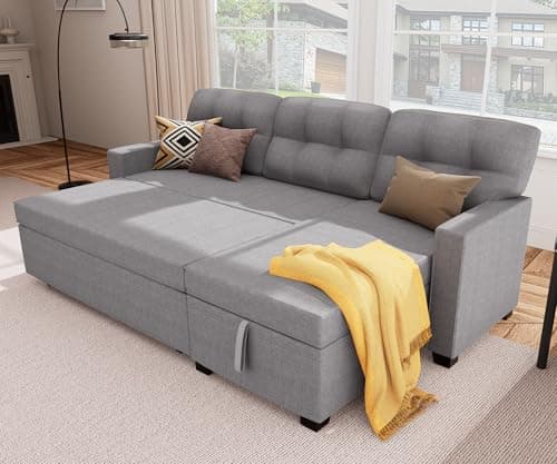 Wakefit Reversible Sectional Sofa Couch, Sleeper Sofa Bed with Storage Chaise Pull Out Couch for Living Room | Hidden Stroge | Pull Out Bed | Removable Backrest | Linen Fabric, Light Grey