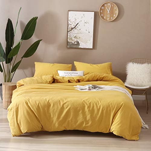 F.Y.Dreams 100% Washed Cotton Duvet Cover for Weighted Blanket 48x72 inches with 16 Ties, Zipper on Long Side/Yellow/Just Duvet Cover
