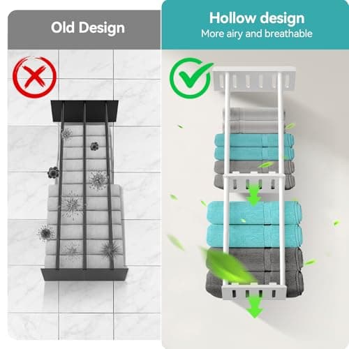 KISENG Towel Racks for Bathroom, 3 Tier Metal Towel Holder, with Shelf & 6 Hooks, 29 inch Wall Mounted Towel Storage, 6 Large Bath Towels Capacity,Small Bathroom Towel Rack for Rolled Towels, White 8