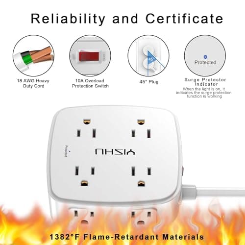 6 Ft Surge Protector Power Strip - 8 Widely Outlets with 4 USB Ports, 3 Side Outlet Extender with 6 Feet Extension Cord, Flat Plug, Wall Mount, Desk USB Charging Station, ETL,White 6