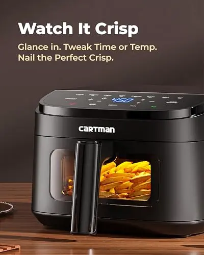 Cartman 4QT Compact Air Fryer, Ultra-Flat 6.7" Height Small Airfryer, Adjustable Airflow Design, Viewing Window, Up to 450℉, 7 Presets Touchscreen, Portable Air Fryer, Black 6