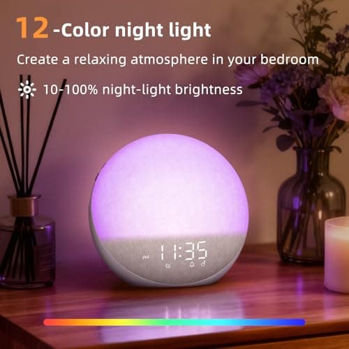 Sunrise Alarm Clock White Noise Machine: Natural Wake Up Light - Dimmable Clock with Bluetooth Speaker for Bedroom - 25 Sleep Sounds for Baby Adults Kids Putty 9