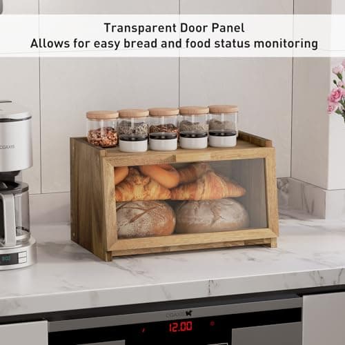 Acacia Wood Bread Box for Kitchen Countertop, Large Wooden Bread Storage Container, with Clear Window Back Air Vent and Anti-falling Design, Bread Boxes for Keeping Food Fresh in Home and Kitchen 7