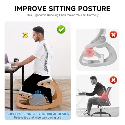 Adjustable Kneeling Chair, Wooden Ergonomic Chair Knee Chair Posture Chair - Improve Your Posture with an Angled Seat for Home,Office (Wood Color+ Pads) 7