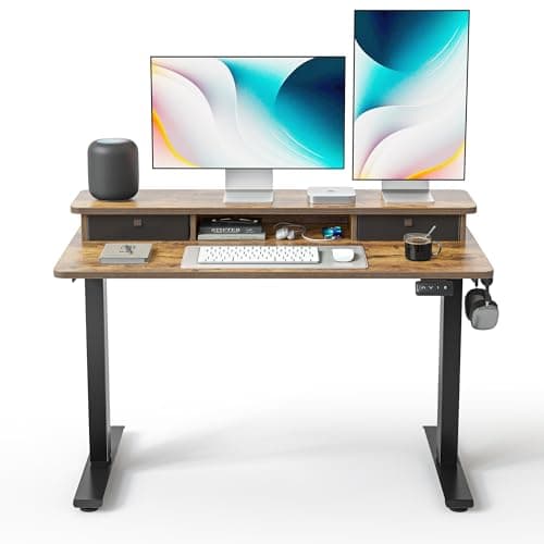 FEZIBO 48 x 24 Inch Height Adjustable Electric Standing Desk with Double Drawers, Stand up Desk, Home Office Computer Workstation with 4 Height-Adjustable Feets & 2 Hooks, Rustic Brown