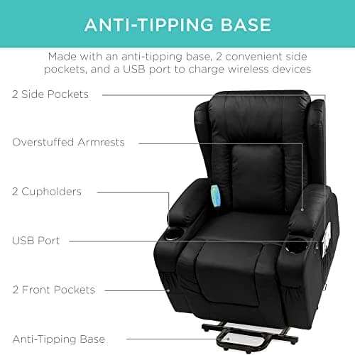 Best Choice Products PU Leather Electric Power Lift Chair, Recliner Massage Chair, Adjustable Furniture for Back, Legs w/ 3 Positions, USB Port, Heat, Cupholders, Easy-to-Reach Side Button - Black 7