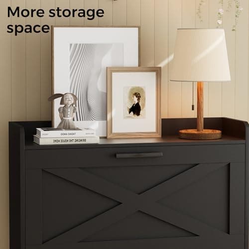 Homleke 32" W Farmhouse Shoe Storage Cabinet with 2 Flip Drawers and Barn Door Design, Adjustable Shelves, Modern Hidden Slim Narrow Shoe Rack Cabinet for Entryway, Foyer, Hallway, Living Room, Black 7
