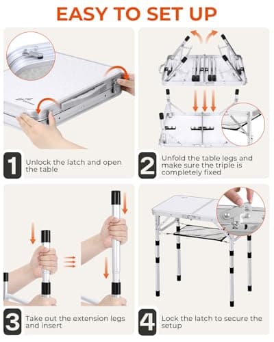 Sportneer Camping Table: Adjustable Height Small Folding Table 23.6" L x 15.7" W 4 Height with Mesh Layer - Compact & Portable Camping Essentials for Outdoor Camp Garden Picnic BBQ Dining Cooking 8