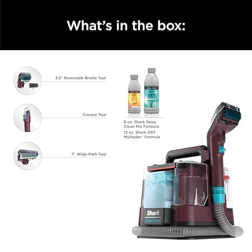 Shark Carpet Cleaner Machine, Portable Upholstery StainStriker, Spot, Odor & Stain Remover, 2 Carpet Cleaner Solutions, 3 Tools, Perfect for Pet Hair, Area Rugs, Couches, Burgundy, PX203BRN 8