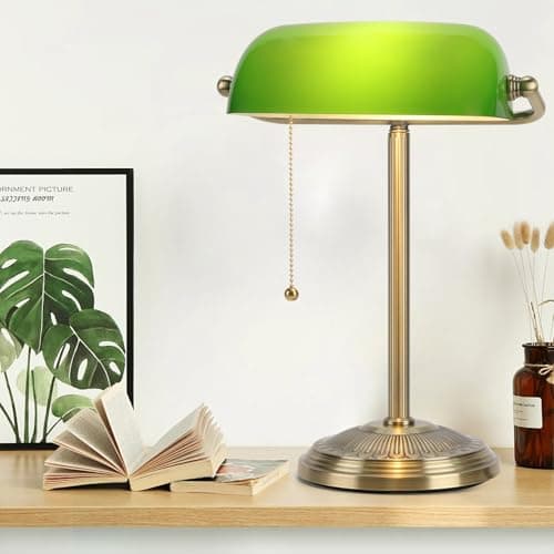 BNYFDC Bankers Lamp, Green Desk Lamp with Brass Finish, Classic Table Lamp with Pull Switch for Home, Office, Study (Green)