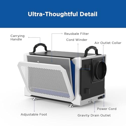 Moiswell 155 Pint Commercial Dehumidifier with Drain Hose for Crawl Spaces, Basements, Industry Water Damage Unit, Large Capacity, Compact, Portable, Auto Defrost, Memory Starting 6
