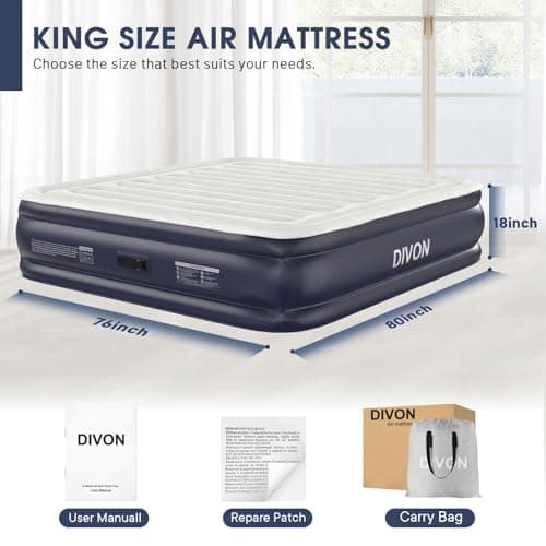 King Air Mattress With Built In Pump,18''Raised Blow Up Mattress 2 Mins Self-Inflation/Deflation,Upgraded Thicker Inflatable Mattress，Air Bed with Storage Bag for Guests,Home，Camping，750 lbs Max 9