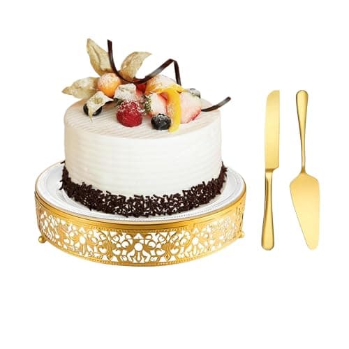 MTJYQTF Gold Cake Stand Set - Metal Round Cupcake Dessert Stand with Cake Cutting & Cake Spatula for Party, Candy Table Display for Wedding Birthday Baby Shower（12x12x2.4 IN） CS003-pan
