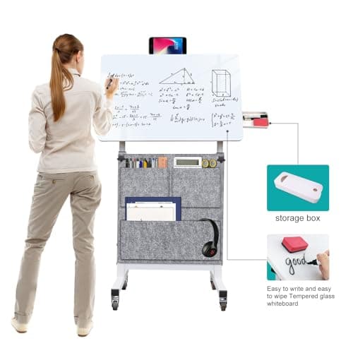 KOUPA Adjustable Height Standing Desk, Writable Tempered Glass Desktop with Eraser, 360° Flip, Wheels and Bag– Ideal for Small Spaces and Home Offices, 24 in, White(Adjustable Height: 32-47 in) 4