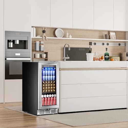 EUHOMY 15 Inch Beverage Refrigerator Cooler Under Counter 127 Cans Beverage Fridge Built-in or Freestanding with Glass Door, LED Light, Beer Fridge for Soda, Water, Wine - Home Kitchen Bar. 7