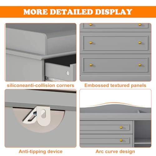 St.Mandyu Grey Changing Table Dresser, Baby Nursery Dresser, Baby Diaper Changing Table, 5 Drawers, Adjustable Shelves, Metal Handle, Curved Wrapping Design, Grey 6