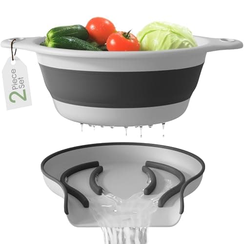 Gevoli Collapsible Colander Strainer, Includes Over-sink Countertop Draining Base (5QT) Large Kitchen Drainer for Vegetables Fruit and Pasta, Round Foldable Draining Basket, Easy Storage (White)