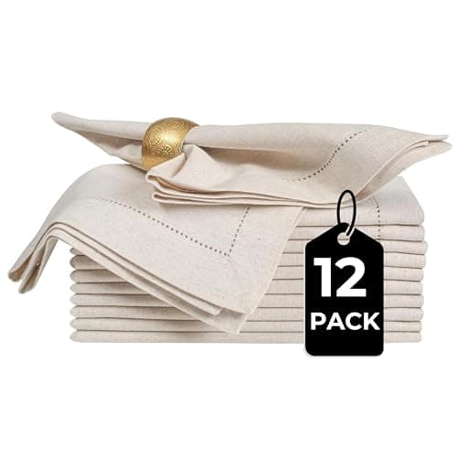 Bedding Craft Linen Flax Cotton Cloth Dinner Napkins Set of 12 – 20x20 Natural Hemstitched Fabric – Machine Washable Elegant Reusable Table Napkins for Weddings, Parties & Dining Décor
