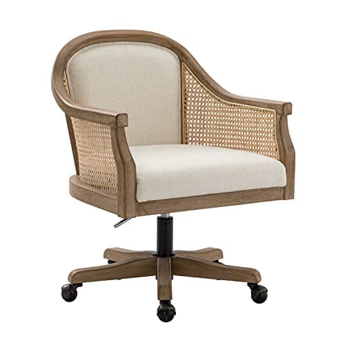 TINA'S HOME Rattan Desk Chair, Upholstered Home Office Chair with Armrest, Adjustable Swivel Rolling Height Computer Task Chair for Living Room Bedroom Study Room, Ivory 8