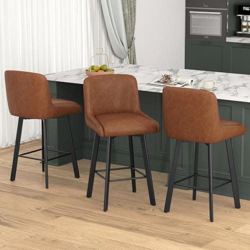 SAECKBERG Swivel Bar Stools Set of 3, 26''H Upholstered Barstools with Backs, Modern Counter Height Bar Stool Chairs for Kitchen Island, Metal Legs, Faux Leather, Brown Counter Stools