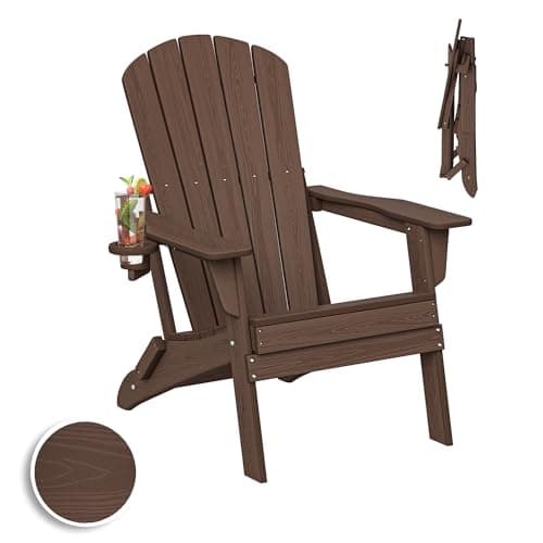 Plawdlik Folding Adirondack Chair, SGS Tested, Wooden Textured with Cup Holder, Heavy All-Weather HDPE Comfortable Set Poolside Backyard Lawn Coffee