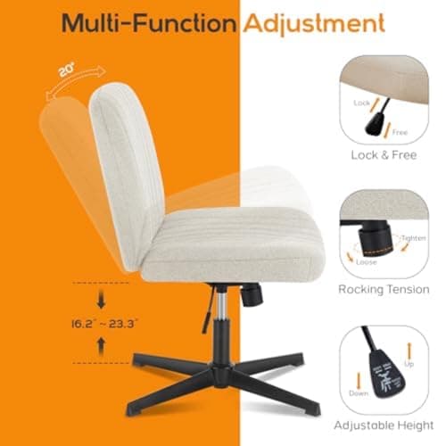 Criss Cross Chair Legged Office Wide Comfy Desk Seat, No Wheels Armless Computer Task Seating, Swivel Vanity Home Height Adjustable 7