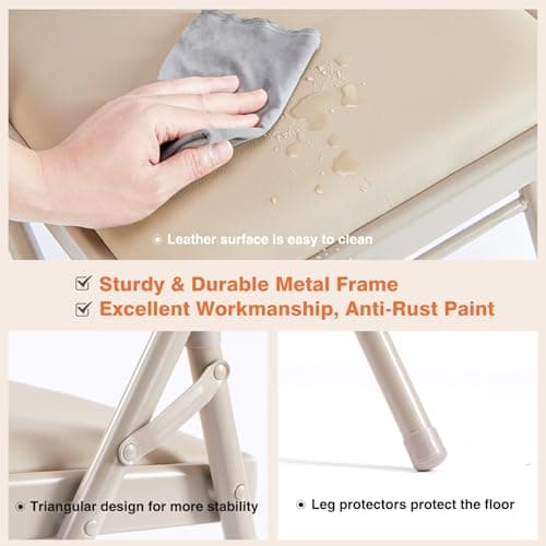 Sweetcrispy Folding Chair 2 Pack, Leather Padded Folding Chairs, Sturdy Metal Foldable Chairs, Easy to Use and Store, Outdoor and Indoor, for Home, Office, Party, Comfy, Kahki 5