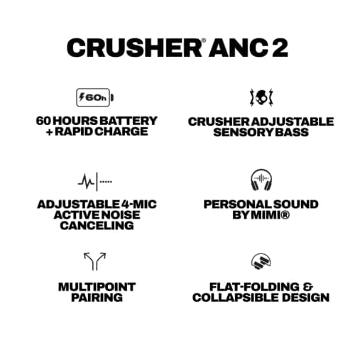 Skullcandy Crusher ANC 2 Wireless Over-Ear Bluetooth Headphones with Multi-Sensory Bass, Active Noise Cancelling, Up to 60 Hours Battery, Microphone for iPhone Android - Black/Asphalt 10