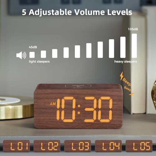 uscce Wooden Digital Alarm Clocks for Bedrooms: Dimmable Dual Alarm Clock with Large Numbers for Bedside Desk - Loud Alarm for Heavy Sleepers with Volume Control - Wood Decor & Gifts 6