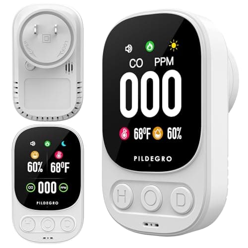Pildegro 3-in-1 Carbon Monoxide Detector Plug in, Professional 2.1" LED Plug-and-Play Real-Time CO Monitor with Temp & RH, Premium Portable Travel CO Alarm with 85dB Loud Alarm (White/Classic)