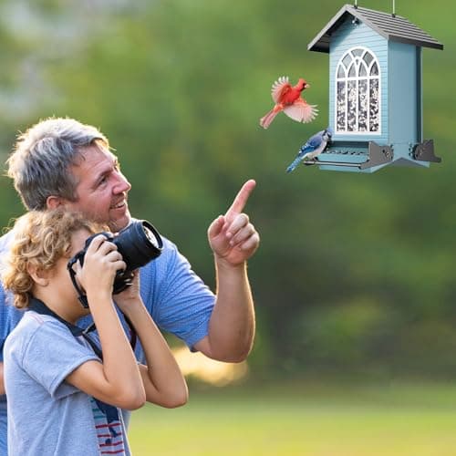 Squirrel-Proof Bird Feeder for Outdoor Hanging, Metal Bird Seed Feeder with Bilateral Weight-Activated Perches, 5LB Large Capacity, ldeal for Wild Birds Gift, Easy Refill & Clean, Blue 7