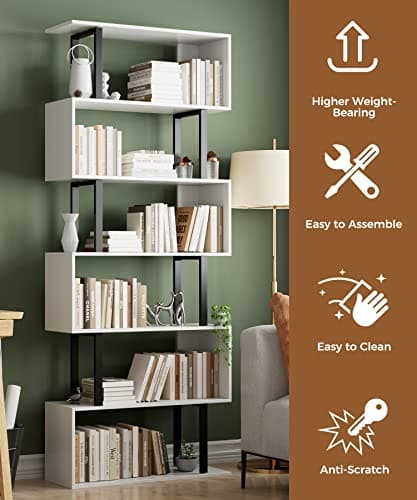 Gadroad 6 Tier Geometric Bookcase,S Shaped Bookshelf, Wood Decorative Storage Shelving, Modern Freestanding Display Shelves, Tall Book Shelf Unit for Living Room Bedroom, White 5