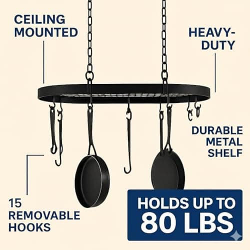 Black Hanging Pot and Pan Rack Organizer Space-Saving Ceiling Mount Cookware Storage Rack 2 Heavy Duty Swag Hangers and 15 S-Hooks; Bonus - 2 Heat Resistant Oven Mitts.Colgador Para ollas Y Sartenes. 7