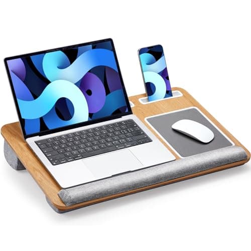 HUANUO Lap Desk - Fits up to 17 inches Laptop Desk, Built in Mouse Pad & Wrist Pad for Notebook, Laptop, Tablet, Lap Stand with Tablet, Pen & Phone Holder, Wood Grain 8
