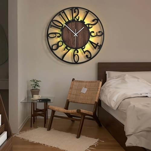 LEIKE Large LED Wall Clocks,Silent,Non Ticking,Battery Operated Rustic Round Modern Big Wood Wall Clock for Living Room, Bedroom,Kitchen,Farmhouse,Office,Home Decor -24" Black,LED,Arabic Number 7