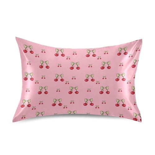 VEKELEE Cute Cherries and Bows Satin Pillowcase for Hair and Skin with Envelope Closure Breathable Wrinkle-Free and Cooling Satin Pillow Covers, Queen Size 20x30 in