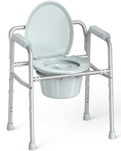 HOMLAND 3-in-1 Bedside Commode Chair with Sturdy Dual-Crossbar Support Construction, Stable Portable Commode Toilet with 7.5Qt Potty Bucket, 350 Lbs Bedside Commodes for Seniors, Silver