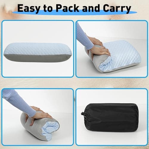 Crisonky Travel and Camping Pillow- Compressible Medium Firm Memory Foam Pillow with Carry Bag for Backpacking & Airplane, Lumbar Support. Breathable Cooling Fabric, Washable Pillowcase (Wathet Blue) 5