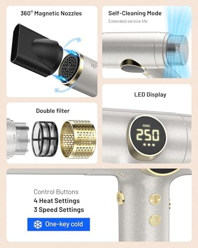 HITTIONA Dual Voltage Travel Hair Dryer with Magnetic Diffuser - 2000W High-Speed Ionic Hair Dryers Gift for Women, Fast Drying, Low Noise, Lightweight, No Heat Damage, European Travel 110V-240V, Gold 8