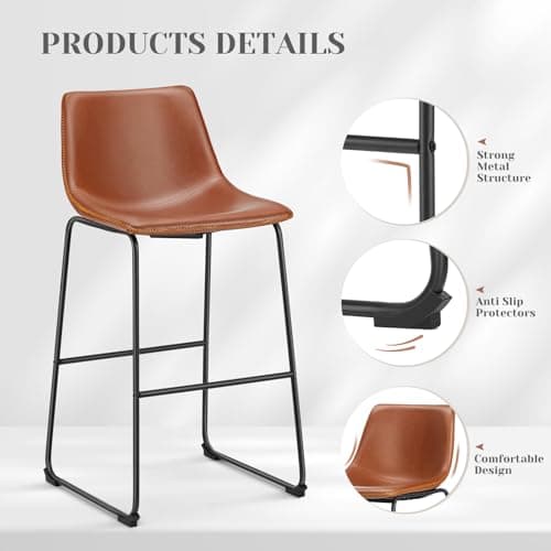 Sweetcrispy Counter Height Bar Stools Set of 2, 30 inch Height Stool Faux Leather Barstools with Back, Armless Kitchen Island Countertop Comfortable Modern Chairs with Metal Legs - Brown 5