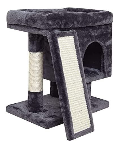 SYANDLVY Small Cat Tree for Indoor Cats Large Adult, Activity Tower with Scratching Post, Modern House with Padded Perch, Kittens Condo with Board, Cat Cave (Smoky Grey)