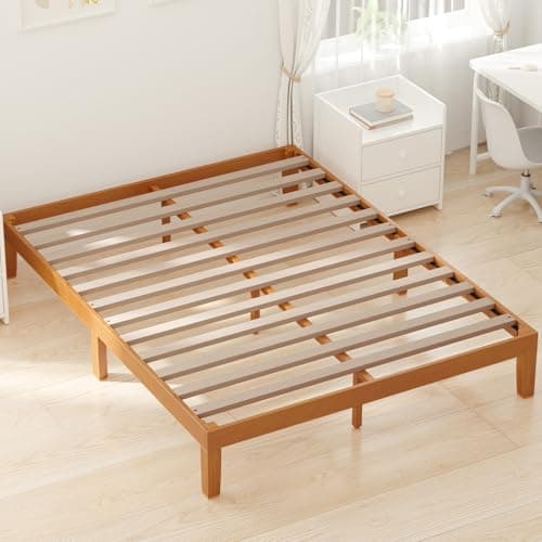 DUMOS Full Size Wood Bed Frame, 12in Wooden Platform Bed Frame Mattress Foundation with Support Slats, No Spring Needed, Storage Space Under Base, Easy Assembly, Pine