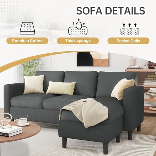JAMFLY 3-Seat Convertible L-Shaped Sectional Sofa with Reversible Ottoman, Upholstered Fabric Couch for Small Living Rooms, Modern Modular Couch for Apartment, Studio & Loft, Grey 6