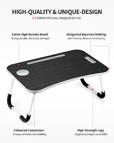 FISYOD Foldable Laptop Table, Portable Lap Desk Bed Table Tray, Laptop Stand with Cup Holder & Tablet Slot & Lifting Handle for Working Writing Drawing & Eating (Black) 5