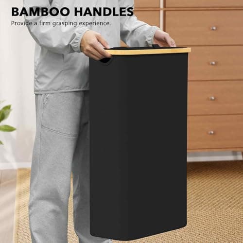 SpaceAid Slim Laundry Hamper with Lid, 65L Narrow Clothes Basket Bin with Bamboo Handles, Skinny Tall Collapsible Hamper for Bedroom, Bathroom, Dorm, Laundry Room - Black 6