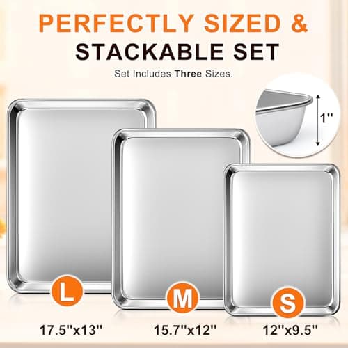 Baking Sheet Set of 3, Commercial Grade Stainless Steel Cookie Sheets for Baking, 12/16/17.5 Inch, Thicker and Firmer Baking Pans Set, Rust & Warp Resistant & Nonstick, Nontoxic&Heavy Duty&Easy Clean 2