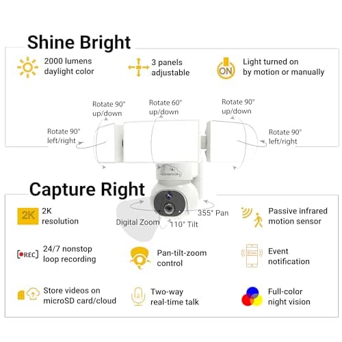 ON WATCH 24/7 Recording Solar Floodlight Security Camera Wireless Outdoor, Motion-Activated Alert/2000LM Floodlight/105dB Siren, WiFi, 2K, HD Live View/Talk, 360° Pan & Tilt, Free Local 128GB Storage 9